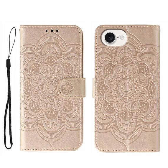 Custodia in pelle con stampa mandala solare per iPhone 16e (oro rosa)