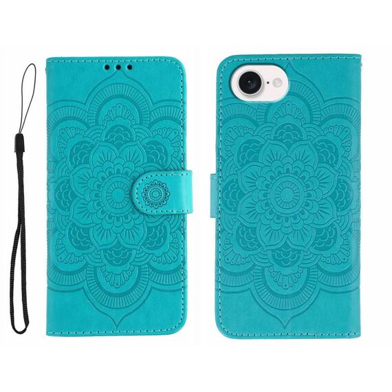 Custodia in pelle con stampa mandala solare per iPhone 16e (blu)