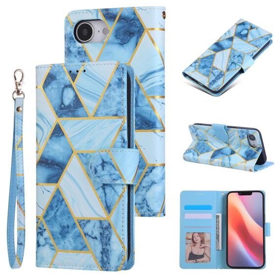 Custodia per iPhone 16e in pelle con cuciture color bronzo marmorizzato (blu)
