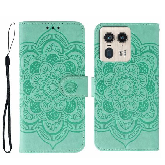 Custodia in pelle con motivo a rilievo Sun Mandala per Motorola Edge 50 Ultra (verde)