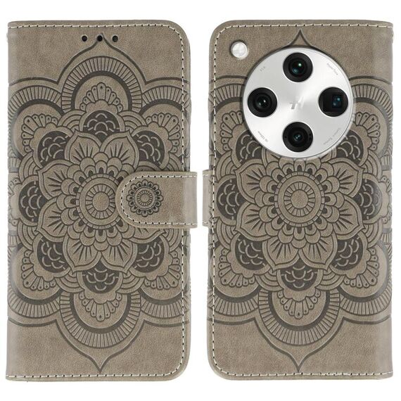 Custodia in pelle per telefono OPPO Find X8 Pro con motivo in rilievo Sun Mandala (grigio)