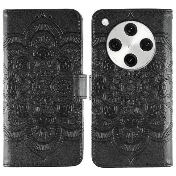 Custodia in pelle per telefono OPPO Find X8 Pro con motivo in rilievo Sun Mandala (nero)
