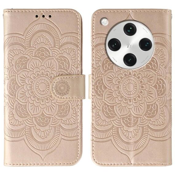 Custodia in pelle per telefono OPPO Find X8 Pro con motivo in rilievo Sun Mandala (oro rosa)