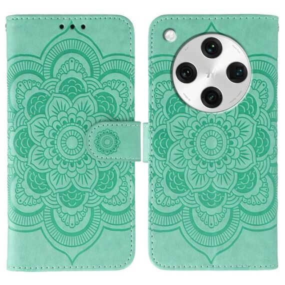Custodia in pelle per telefono OPPO Find X8 Pro con motivo in rilievo Sun Mandala (verde)