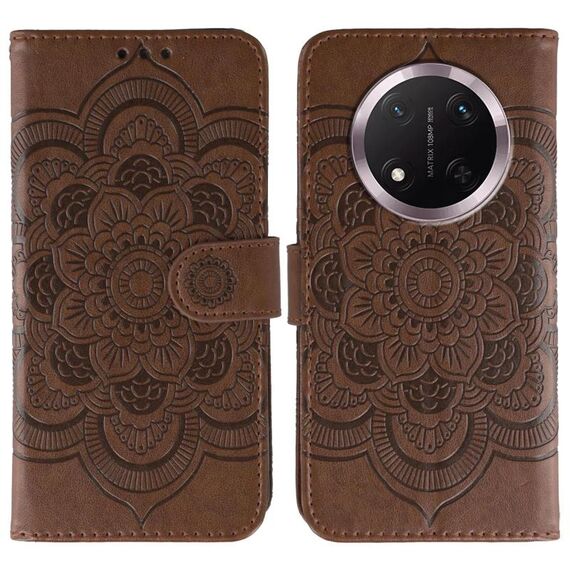 Custodia in pelle per telefono Honor Magic7 Lite con motivo a rilievo Sun Mandala (marrone)
