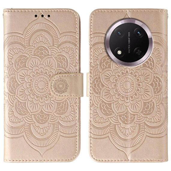 Custodia in pelle per telefono Honor Magic7 Lite con motivo a rilievo Sun Mandala (oro rosa)
