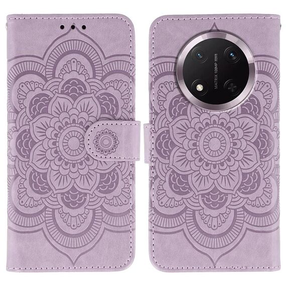Custodia in pelle per telefono cellulare con motivo in rilievo Sun Mandala per Honor Magic7 Lite (viola)