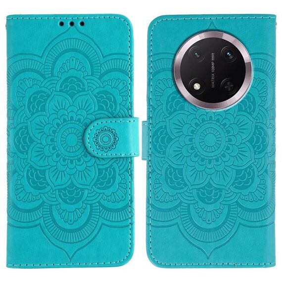 Custodia in pelle per telefono Honor Magic7 Lite con motivo a rilievo Sun Mandala (blu)