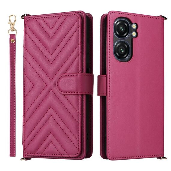 Custodia in pelle multifunzione con 6 slot per schede per Oukitel C58 / C58 Pro con cinturino da polso (rosso rosa)
