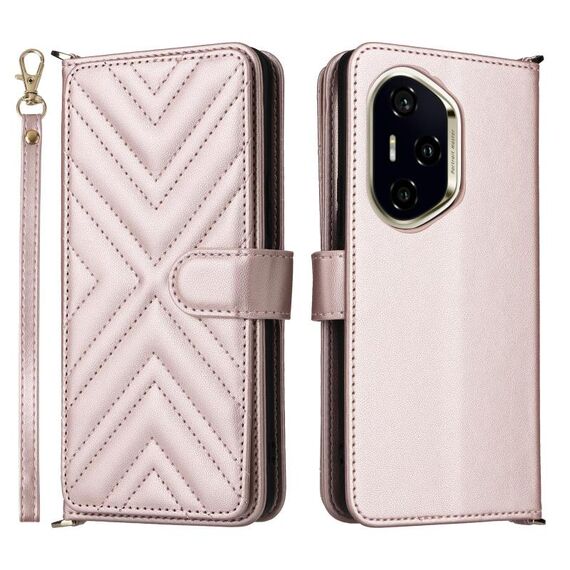 Custodia in pelle multifunzionale con 6 slot per schede per Honor 300 Pro 5G / 300 Ultra 5G e cinturino da polso (rosa)