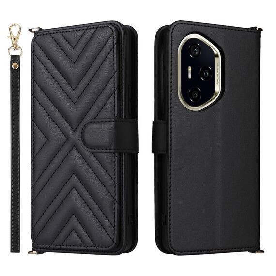 Custodia in pelle multifunzione con 6 slot per schede per Honor 300 Pro 5G / 300 Ultra 5G con cinturino da polso (nera)