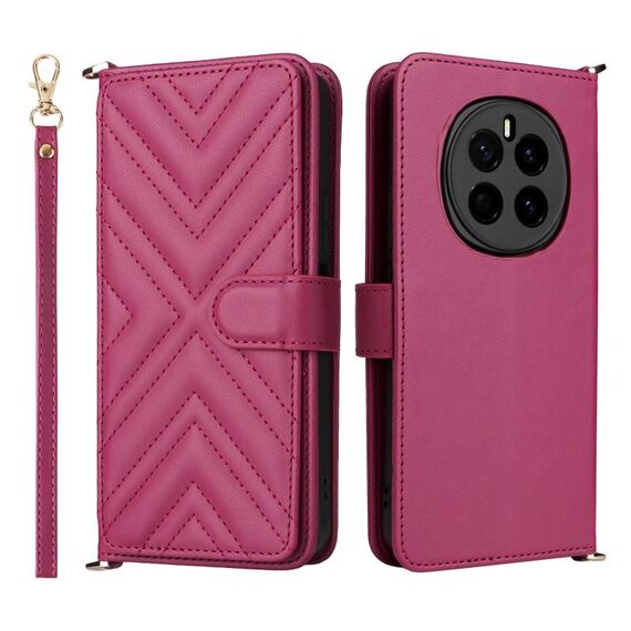 Custodia in pelle multifunzione con 6 slot per schede per Honor Magic7 5G e cinturino da polso (rosso rosa)