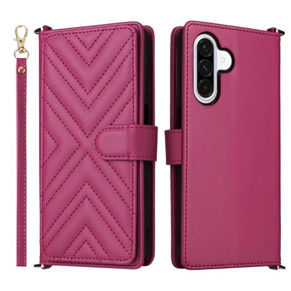 Custodia in pelle multifunzione con 6 slot per schede per Samsung Galaxy A26 5G e cinturino da polso (rosso rosa)