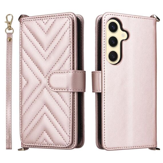 Custodia in pelle multifunzione con 6 slot per schede per Samsung Galaxy S25 5G e cinturino da polso (rosa)