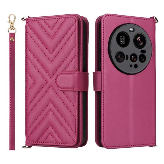 Custodia in pelle multifunzionale con 6 slot per carte per Xiaomi 15 Ultra e cinturino da polso (rosso rosa)