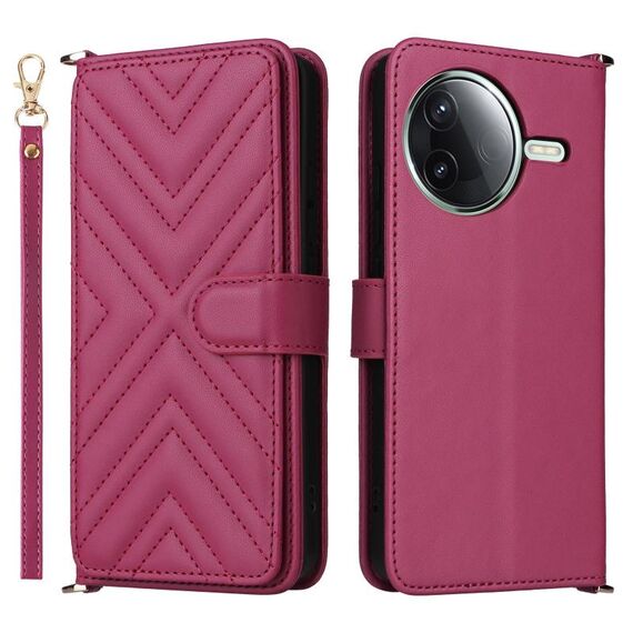 Custodia in pelle multifunzionale con 6 slot per schede per Xiaomi Poco F7 Pro 5G / F7 Ultra con cinturino da polso (rosso rosa)