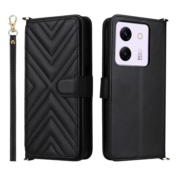 Custodia in pelle multifunzione con 6 slot per schede per Xiaomi Poco M7 Pro 5G e cinturino da polso (nera)