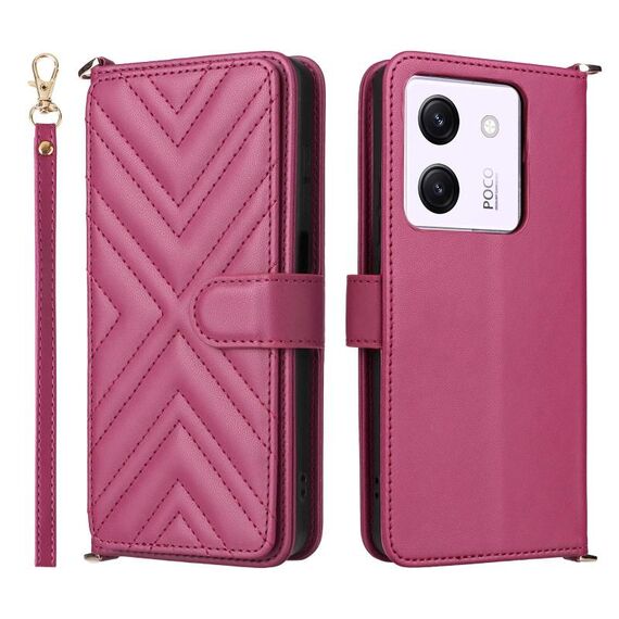 Custodia in pelle multifunzione con 6 slot per schede per Xiaomi Poco M7 Pro 5G e cinturino da polso (rosso rosa)