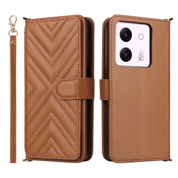 Custodia in pelle multifunzione con 6 slot per schede per Xiaomi Poco M7 Pro 5G e cinturino da polso (marrone)