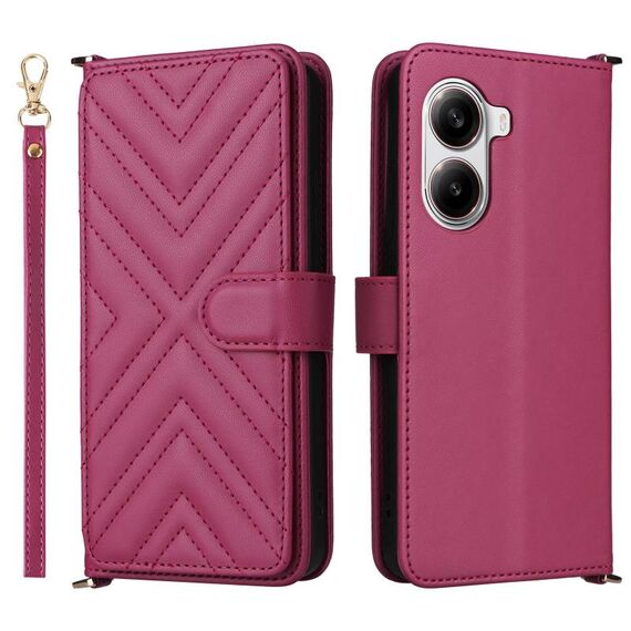 Custodia in pelle multifunzione con 6 slot per schede per Xiaomi Poco X7 Pro 5G / Redmi Turbo 4 con cinturino da polso (rosso rosa)