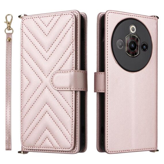 Custodia in pelle multifunzione con 6 slot per schede per ZTE Nubia Focus Pro 5G e cinturino da polso (rosa)
