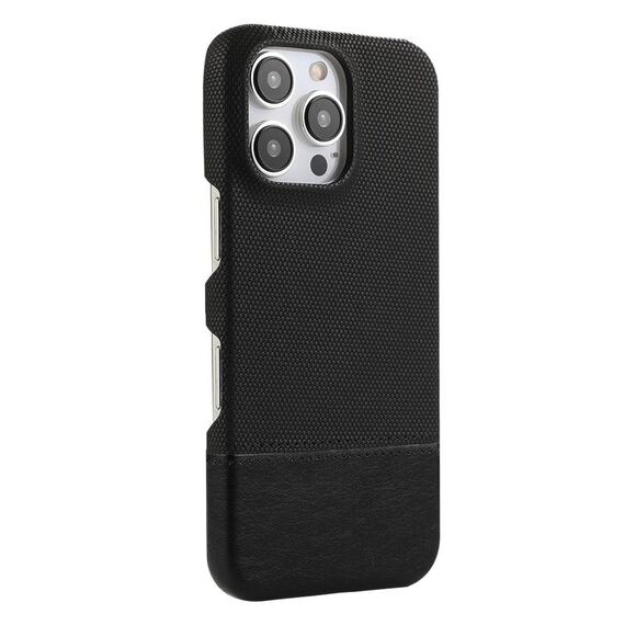 Custodia per iPhone 16 Pro in PU ibrida con rivestimento in tessuto con cuciture MagSafe e magnete per PC (nero)