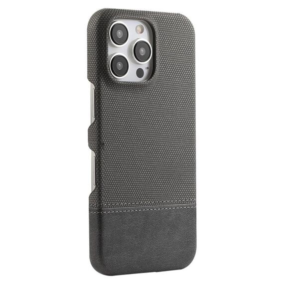Custodia per iPhone 16 Pro in PU ibrida con rivestimento in tessuto con cuciture MagSafe e magnete per PC (grigio)
