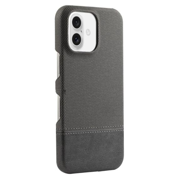 Custodia per iPhone 16 in PU ibrida con rivestimento in tessuto con cuciture MagSafe e magnete (grigio)