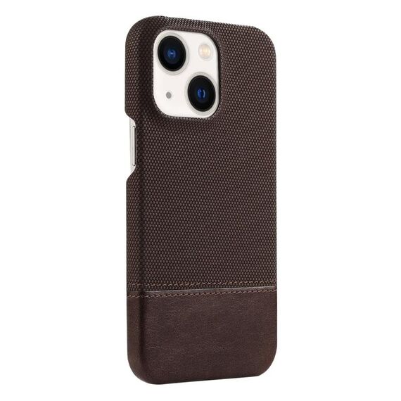 Custodia per iPhone 14 Plus / 15 Plus in PU ibrida con cerniera magnetica e tessuto con cuciture MagSafe (marrone scuro)