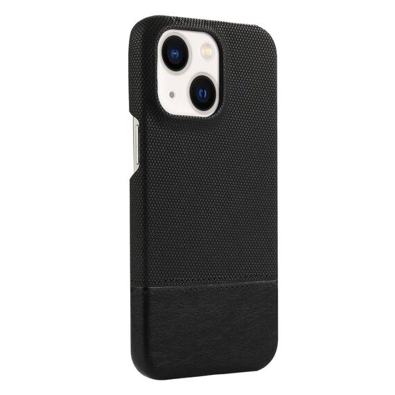 Custodia per iPhone 14 Plus / 15 Plus in PU ibrida con cerniera magnetica MagSafe in tessuto con cuciture (nero)