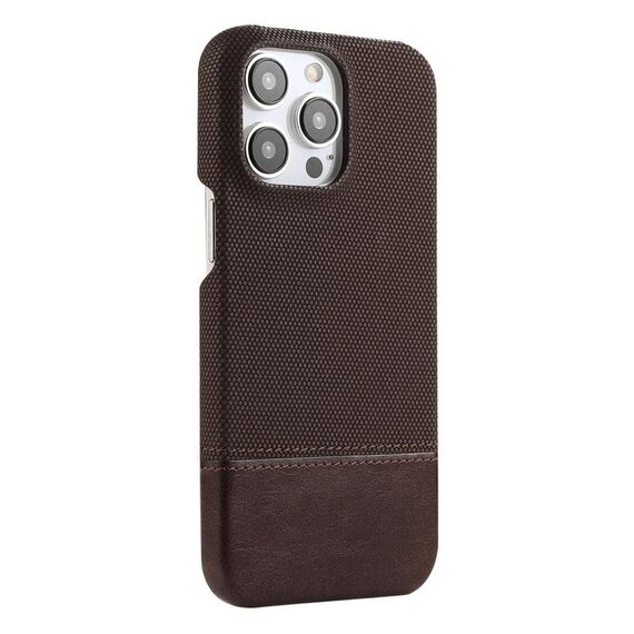 Custodia per iPhone 13 Pro in PU ibrida con rivestimento in tessuto con cuciture MagSafe e magnete per PC (marrone scuro)