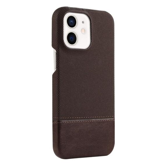 Custodia per iPhone 12/12 Pro in PU ibrida con cerniera e sistema magnetico MagSafe in tessuto con cuciture (marrone scuro)