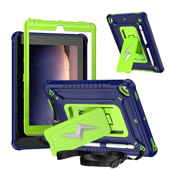 Custodia per tablet ibrida in silicone per iPad 9.7 2018 / Air / Air 2 con supporto a forma di bullone (blu navy olivina)