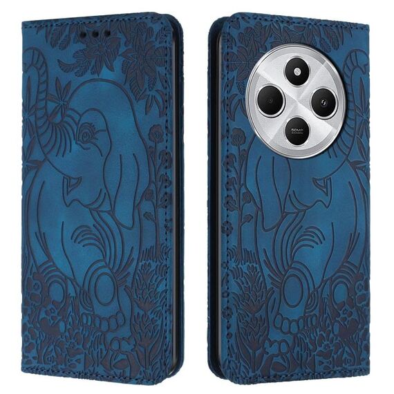 Custodia in pelle goffrata con motivo elefante retrò per Redmi 14C 4G (blu)