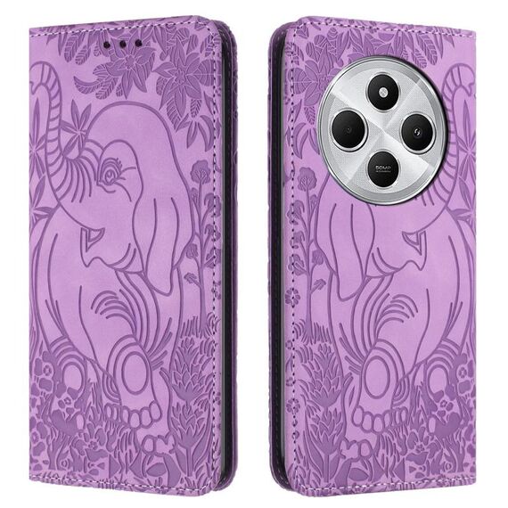 Custodia in pelle goffrata con motivo elefante retrò per Redmi 14C 4G (viola)