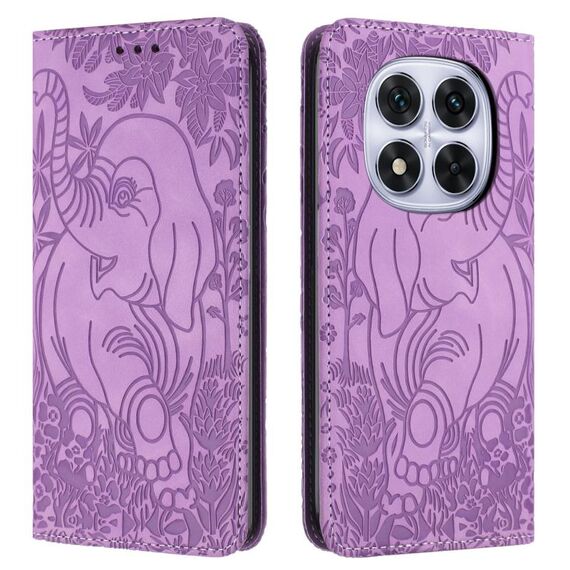 Custodia in pelle goffrata con motivo elefante retrò per Redmi Note 14 Pro / 14 Pro+ 5G (viola)