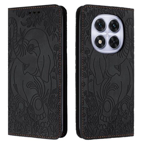 Custodia in pelle goffrata con motivo elefante retrò per Redmi Note 14 Pro / 14 Pro+ 5G (nera)