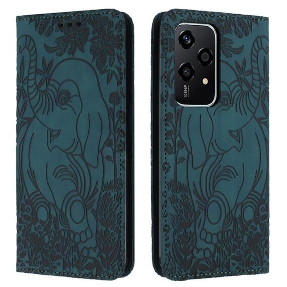 Custodia in pelle goffrata con motivo elefante retrò per Honor 200 Lite (verde)