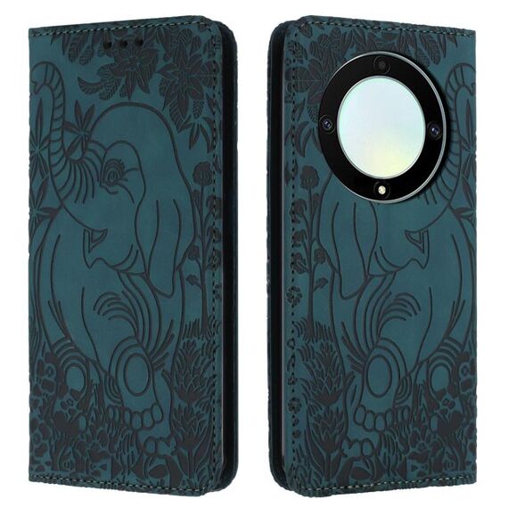 Custodia in pelle goffrata con motivo elefante retrò per Honor Magic5 Lite (verde)