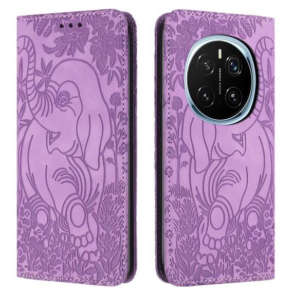 Custodia per telefono in pelle goffrata con motivo elefante retrò per Honor Magic7 Pro (viola)