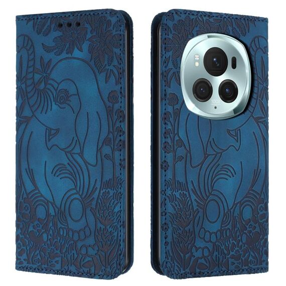 Custodia per telefono in pelle goffrata con motivo elefante retrò per Honor Magic6 Pro (blu)