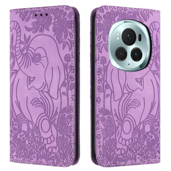 Custodia per telefono in pelle goffrata con motivo elefante retrò per Honor Magic6 Pro (viola)
