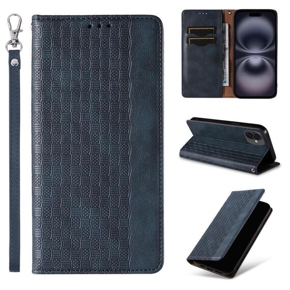 Custodia per telefono in pelle magnetica resistente con motivo intrecciato in rilievo per iPhone 16 Plus (blu)