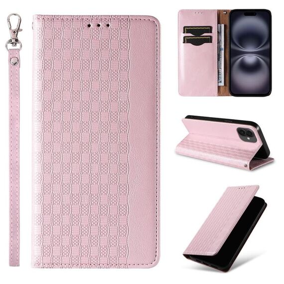 Custodia per iPhone 16 Plus in pelle magnetica resistente con motivo intrecciato in rilievo (oro rosa)