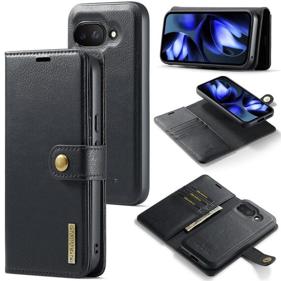 Custodia per telefono in pelle magnetica staccabile con texture Crazy Horse DG.MING per Google Pixel 9a (nera)