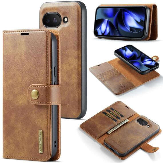 Custodia per telefono in pelle magnetica staccabile con texture Crazy Horse DG.MING per Google Pixel 9a (marrone)