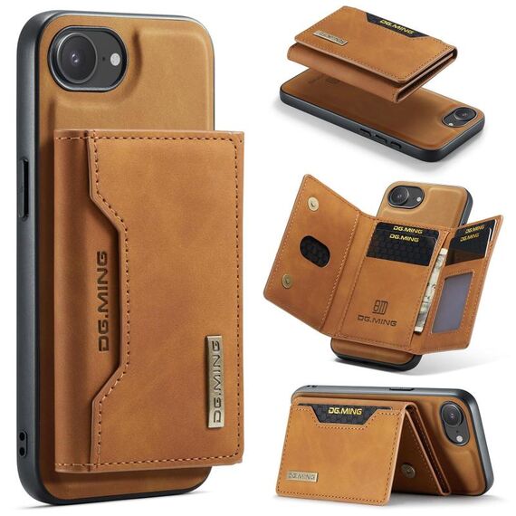 Custodia in pelle per iPhone 16e DG.MING M2 Series con 3 scomparti per carte di credito e portafoglio (marrone)
