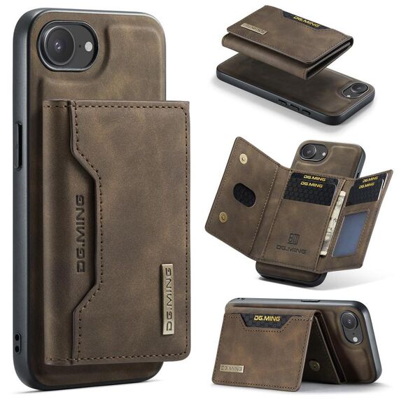 Custodia in pelle per iPhone 16e DG.MING M2 Series con 3 scomparti per carte di credito e portafoglio (caffè)