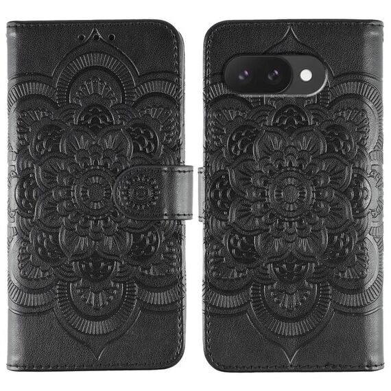 Custodia in pelle con motivo in rilievo Sun Mandala per Google Pixel 9a (nera)
