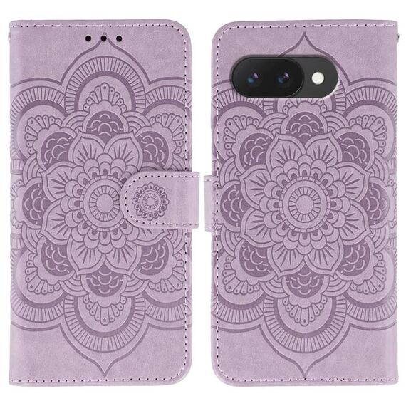 Custodia in pelle per telefono con motivo in rilievo Sun Mandala per Google Pixel 9a (viola)